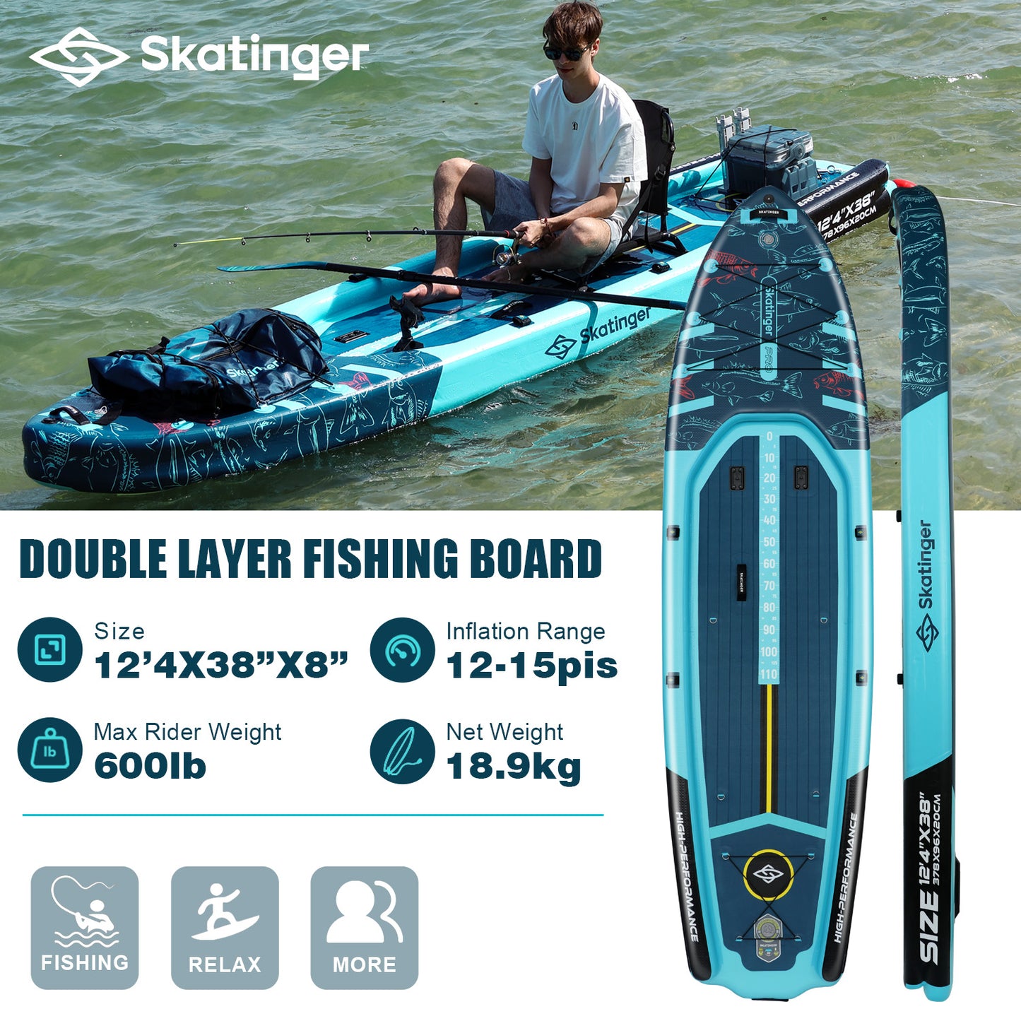 SUP de pesca 12′4″ – SKATINGER® tabla inflable para pescadores